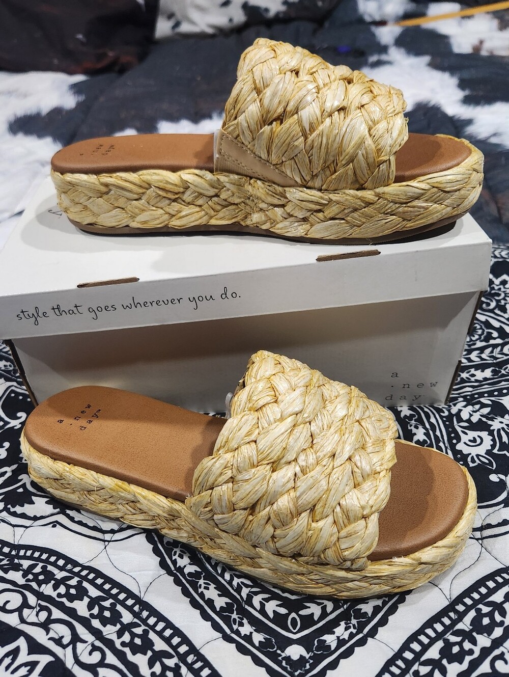 A New Day woven Raffia Platform Slide Sandals - Natural Straw